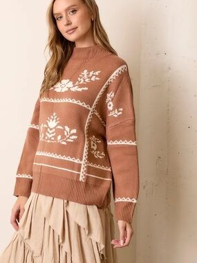 Polagram Rust Floral Mock Neck Sweater with Cream Jacquard